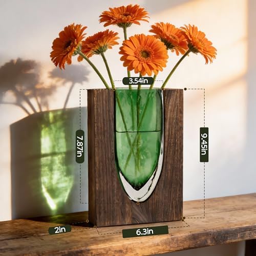 Wood and Glass Inlay Vases Farmhouse Wooden Glass Flower Vase Solid Wood Glass Vase Home Decor Vases for Centerpiece (9.37) - Image 2