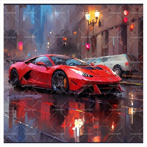 Vehicle Urban Digital Painting Kit for Adults - DIY Red Sports Car at Night Oil Painting on Canvas 7.87x7.87In, Framed Acrylic Paint Kit, Good for Beginners, Cityscape Home Decor or Gift Artwork by Unknown