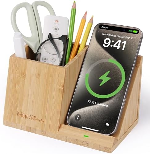 Bamboo Pen Holder for Desk & Nightstand Organizer with Fast Wireless Charging for iPhone, Samsung & More – Office Desk Accessories for Men/Women (Bamboo) by wirelessfuturecharger