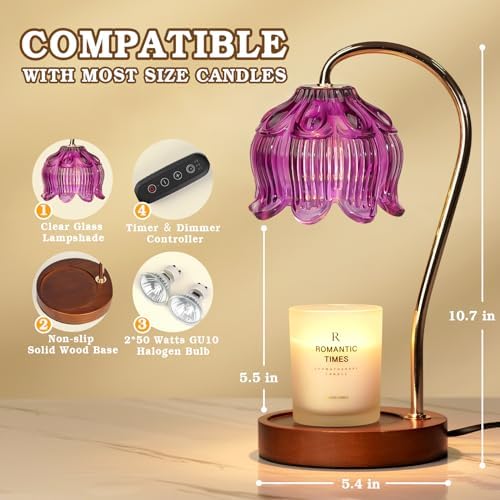 Purple Candle Warmer Lamp with Timer, Electric Candle Warmer, Women Birthday Christmas Gift, Flower Wax Warmer for Yankee Candle Lovers, Vintage Melt Lamp for House Warming Gifts for Mom, Friend - Image 4