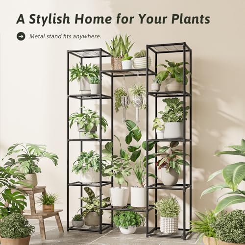 GENTINGBRO Metal Plant Stand Outdoor 62.2" Tall Plant Shelf for Plants 12 Pots Large Plant Sheves for Indoor Plants Living Room Heavy Duty Rack Garden Balcony Patio Hanging Planter - Image 5