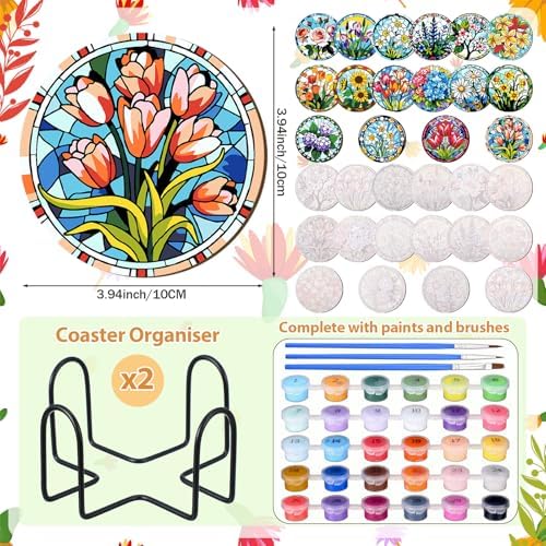 Reallnaive 16 Pcs Flower Paint by Numbers Kit for Adults Wood Floral Coaster - Image 3