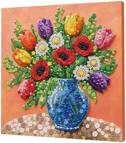 Framed Button Art Kit 11.8" DIY Mosaic Craft for Adults(Peony Vase) by Unknown