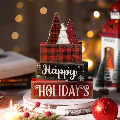Moucuny 4 Pcs Wooden Block Signs Buffalo Plaid Holiday Farmhouse Decor - Image 2