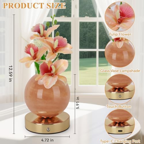 Flower Table Lamp, 3 Colors Orchid Night Light, Cordless Touch Dimming Artificial Flower with Vase Lamp, LED Desktop Decorative Landscape Lights for Festival Party Home Decor (Champagne Orchid) - Image 2