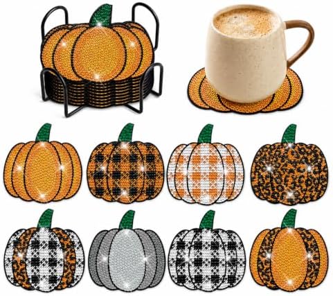 Demonwer 8 Pieces Fall Plaid Pumpkin Diamond Coasters with Holder DIY Cute Autumn Pumpkin Diamond Art Coasters 5d Diamond Coasters Round Cup Coaster for Fall Autumn Holiday Gift by Demonwer