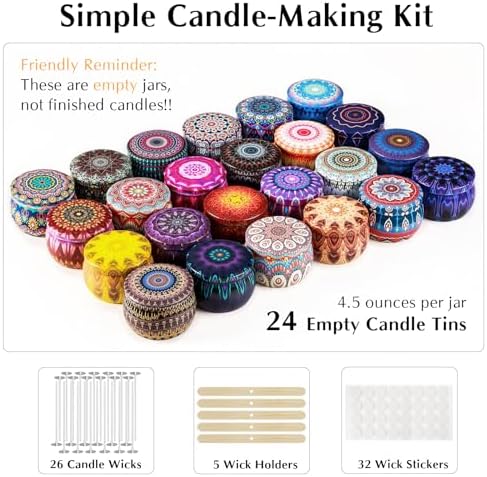 Domivirgo 24 Empty Candle Tins 4.5 oz with Lids - Simple Candle-Making Kit, Includes Wicks, Holders & Stickers, Multi-Purpose Storage Containers for Crafts & Small Items - Image 2