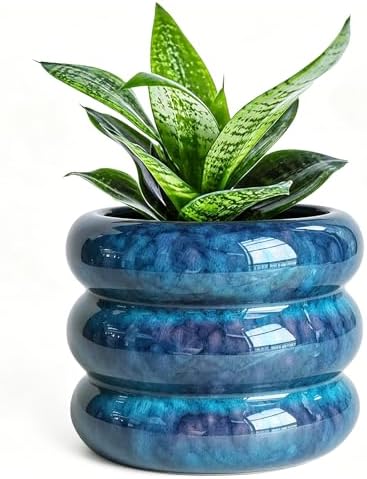 Ceramic Plant Pot Indoor, 4.5 Inch Flower Pot with Drainage Hole, Small Bubble Design Ceramic Planter for Home & Office Decor (Peacock Blue) by SANDYBAYTAS