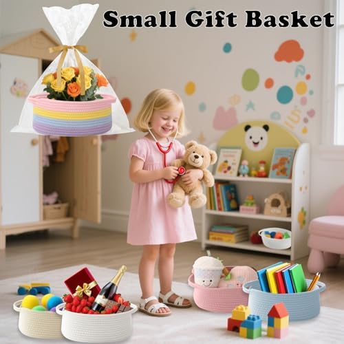 Woven Rope Basket,Baby Gift Basket with Bag & Ribbon, Rainbow - Image 4