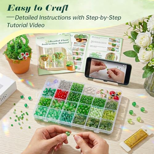 Ecoofor Green Beads Beaded Plant Kit, Makes 3 Plant Pots, Glass & Crystal Leaf Pieces, Video Tutorials Included, Handmade Gift for Plant Lovers, Beaded Plant Kit - Image 3