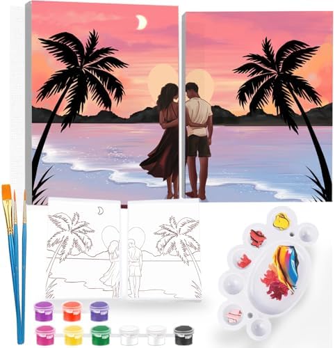 2Pcs Sip and Paint Kit for Adults,Valentines Couple Painting Kit Supplies Canvas, Pre Drawn Canvas to Paint for Date Night for Couples DIY Acrylic Painting Kits Party Favor 8×10 by iPaint