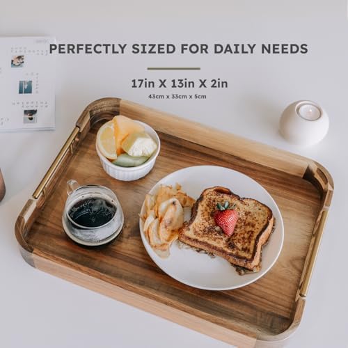 Acacia Wood Ottoman Tray with Handles, 17x13 Inch Rectangle Serving Tray for Coffee Table, Living Room & Breakfast, Decorative Wooden Ottoman Tray with Anti-Skid Pads (Gold Handle 01) - Image 3