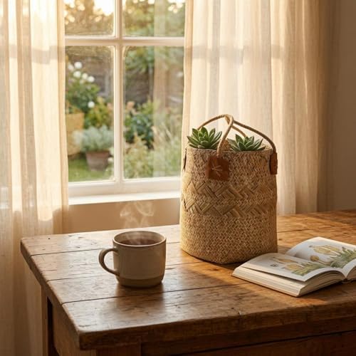 Handmade Basket Woven Organizer Basket Round Storage Bin With Open Top And Leather Strengthened Border Handcrafted Seagrass Weave Suitable for shelves, Coffee, Small - Image 2