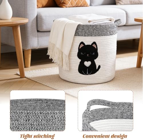 Black Cat Storage Basket - Woven Cotton Rope Basket with Soft Felt Patch, Foldable Organizer for Nursery, Pet Toys & Laundry, Gift & Home Decor (11.8 Inch, Washable) - Image 3