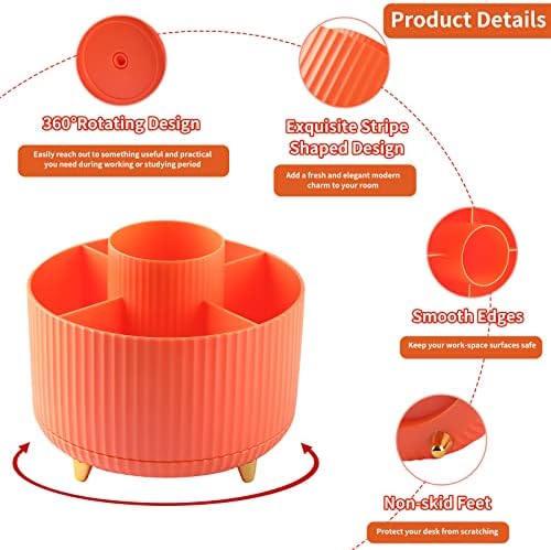 Desk Pencil Pen Holder, 5 Slots 360°Degree Rotating Pen Organizers for Desk, Desktop Storage Stationery Supplies Organizer, Cute Pencil Cup Pot for Office, School, Home, Art Supply, Orange - Image 6