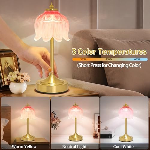 Cordless Table Lamp, Rechargeable Blush Pink Glass Lotus Flower Lamp - Image 3