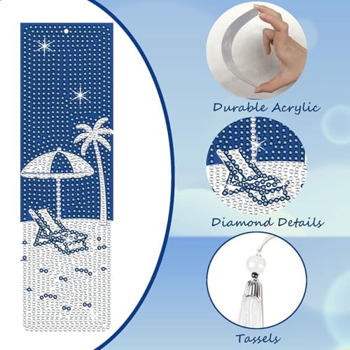 8PCS Diamond Painting Art Bookmarks,Cute Acrylic Bookmarks Crafts Kits Gifts with Tassels for Adult Women Book Lovers (Beach) - Image 3