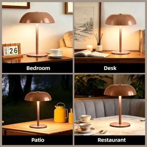 Portable LED Mushroom Table Lamp, 24H Cordless Metal Night Light with Rechargeable Battery, Stepless Dimmable 3 Colors Desk Lamp for Bedroom Bar Coffee Shop(Camel) - Image 6