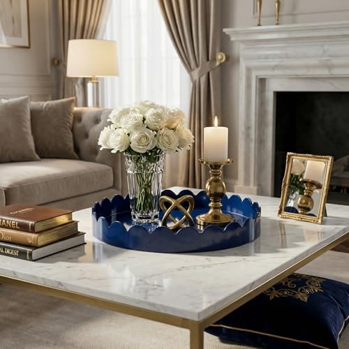 Gesodant 13" Round Scalloped Decorative Tray for Coffee Table Decor, Candle & Perfume Tray, Dining Table Centerpiece & Aromatherapy Candle Display, Modern Glossy Lacquer Look (Navy Blue) - Image 3