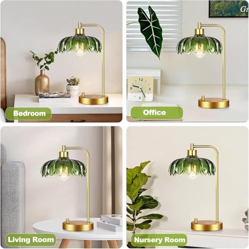 ILLMTW Glass Table Lamp Set of 2,Small Gold Bedside Lamps Dimmable Boho Bedroom Lamp with Tulip Flower Green Lamp Shade,Vintage Mid Century Modern Mini Nightstand Lamp for Bedroom Living Room - Image 6