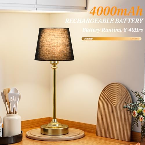 Kakanuo Cordless Table Lamps Rechargeable Set - 2 Pack Brass 4000mAH Battery Operated Lamps for Decor, 3000K Stepless Dimming Touch Wireless Lamp for Bedroom, Dining Table, Living Room, Black Shade - Image 3