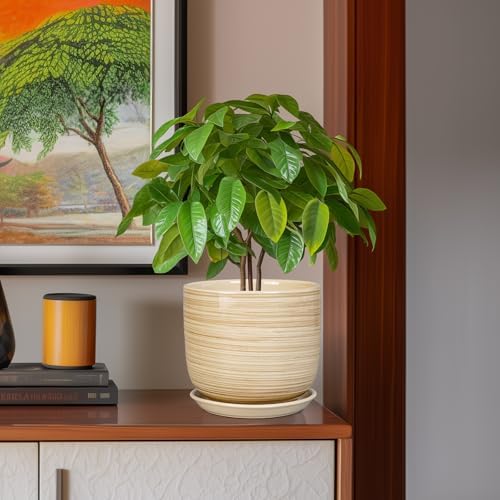Indoor Plant Pot 8 Inch - Cylinder Modern Ceramic Planter for Indoor Outdoor Plants with Drainage Hole and Saucer, House Office Home Room Desk Decor, Yellow - Image 2