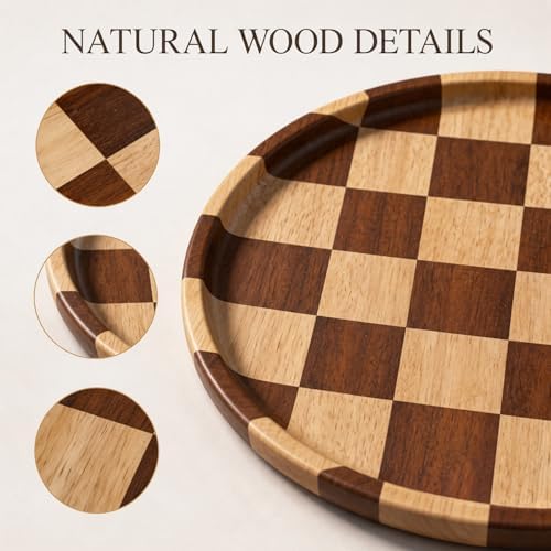 11 Inch Checkered Tray Round Wooden Trays for Decor, Acacia Wood Decorative Plate for Coffee Table, Kitchen Counter, Bathroom Vanity, Candle Holder & Table Centerpiece - Image 4