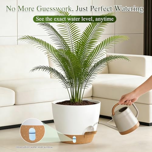 Plant Pots, 1 Pack 12 Inch Self Watering Pots with Drainage Holes, Water Level Indicator Deep Reservoir, Large Planters for Indoor Outdoor Plants - White Brown - Image 6
