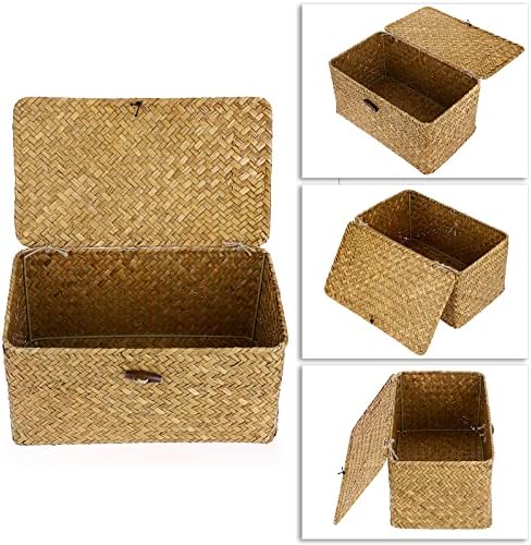 Hipiwe Wicker Shelf Baskets Bin Handwoven Seagrass Storage Basket with Lid - Image 3