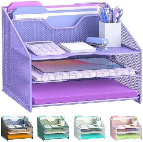 Samstar Purple Desk File Organizer, Mesh Letter File Folder Holder with 3 Paper Trays and 2 Vertical Upright Section, for Office Supplies, Desk Accessories & Workspace, Purple by Samstar