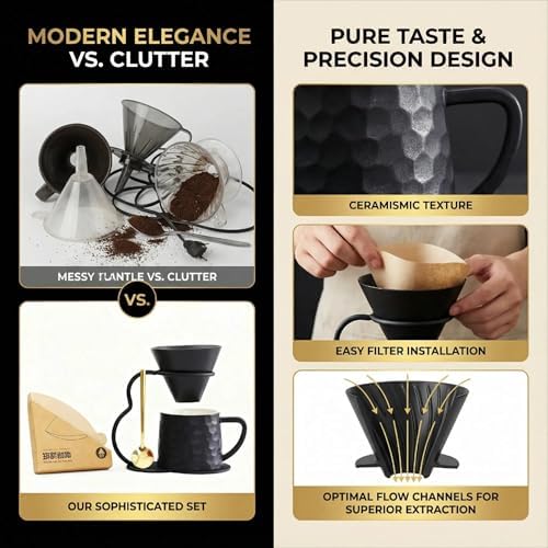 Pour Over Coffee Maker set,Ceramic Coffee Maker With V60 40 pcs Paper Filter，Metal Stand 9oz 270ml mug Pour Over Coffee Dripper Black - Image 6