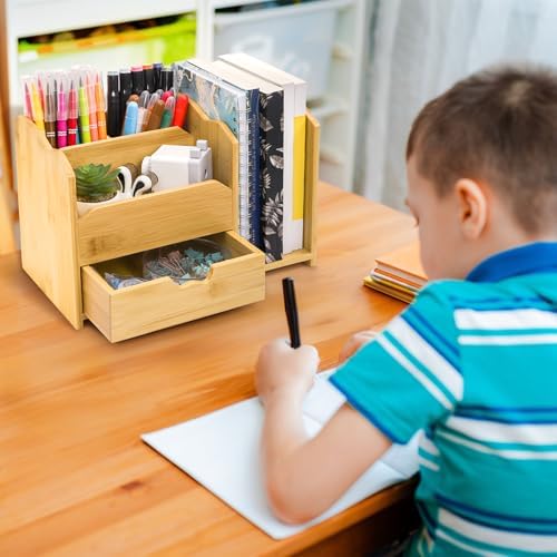 ZAVOOS Bamboo Desk Organizer with Drawer Pen Holder, 5 Compartments - Image 7