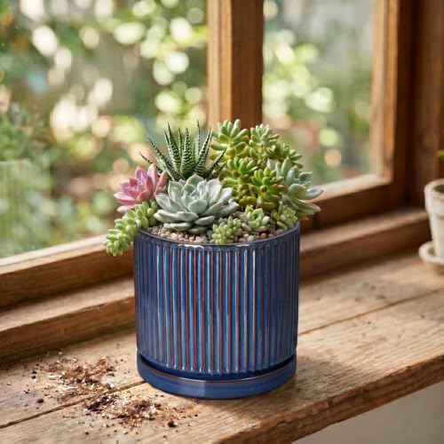 4 Inch Pots for Plants, Ceramic Plant Pots with Saucer, Retro Blue - Image 3