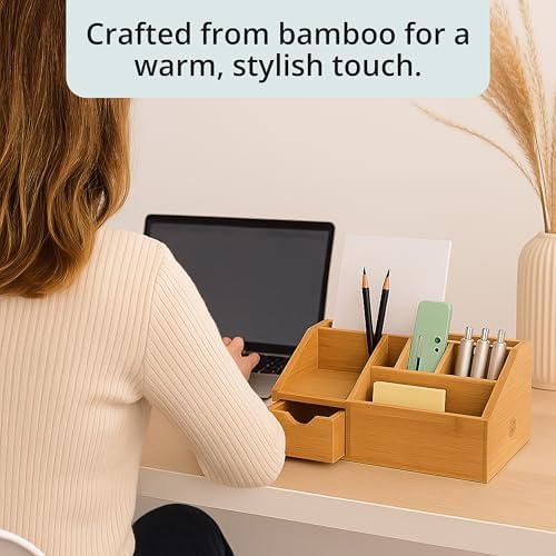 FLYGRUBS Thingles Bamboo Desk Organizer, Wood Pen Holder with Drawer, Storage Box, Pencil Box, Desk Tray for Office, Home Office - Wood Desk Organizer - Image 5