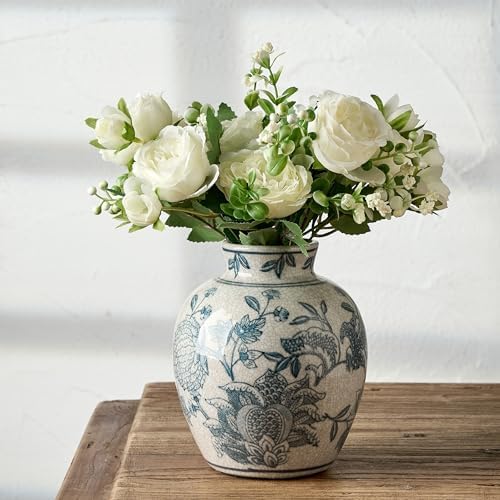 SIDUCAL Ceramic Chinoiserie Floral Vase | 6.3 Inch Blue and White Vintage | Retro Ice Cracked Blue and White Porcelain Vase for Table, Living Room, Bathroom Decoration, Shelf Decor, Mantel by SIDUCAL