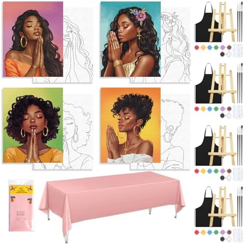 4 Pack Sip and Paint Kit for Adults Pre Drawn Canvas for Painting Pre Printed Stretched Canvas DIY Art Party Set Date Night Girls Game (Pray Girl,8x10 Inches) by VOCHIC