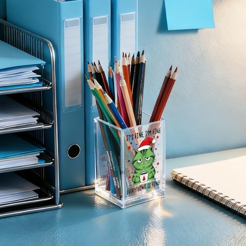 It's Fine I'm Fine Everything Is Acrylic Makeup Brush Pencil Holder Cup, Funny Cat Pen Holder Gifts For Friends HR Nurse, Christmas Office Gifts for Women Coworker, Pencil Cup for Desk - Image 4