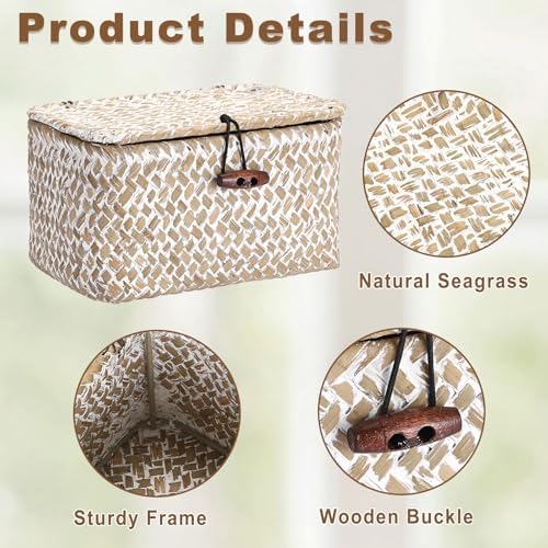 Hipiwe Wicker Shelf Basket Box Mini Seagrass Baskets with Lid,6.1"x4"x3.3" - Image 6
