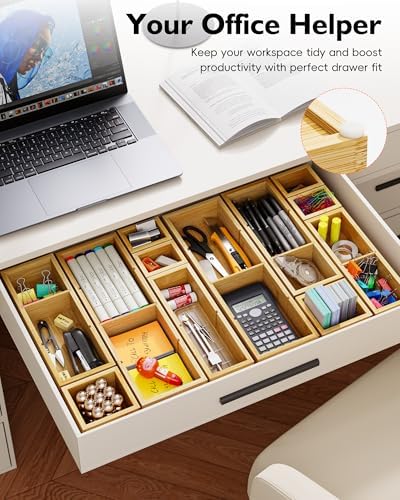 12-Piece Bamboo Drawer Organizer Set, 24 Compartments Modular Storage - Image 5
