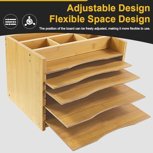 WKWKER 5-Tiers Bamboo File Organizer Paper Organizer Mail Sorter Document Letter Trays Desk Organizer with 4 Dividers for Office Home Study Desk Storage (Natural Color) - Image 4