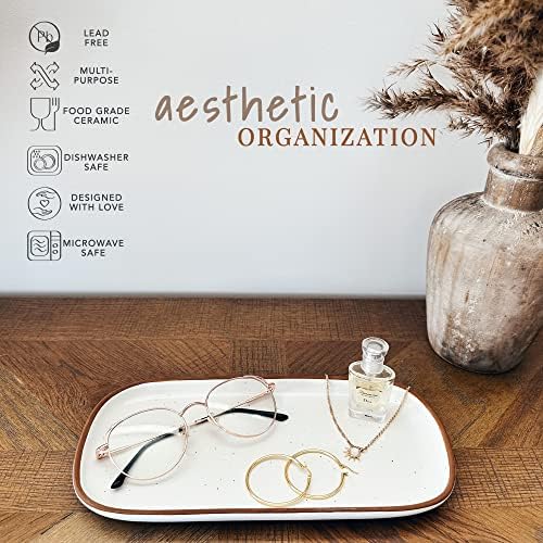 Mora Ceramic Decorative Tray - Rectangle 10in Dish for Jewelry, Soap Dispenser, Perfume, Makeup, Accessories, Candle, in the Bathroom Vanity, Bedside, or Kitchen Counter. Cute Organizers - White - Image 3