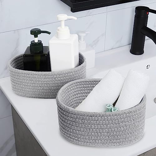 【2 Pack】ABenkle Small Woven Baskets, Tiny Oval Shallow Storage Baskets, Mini Cotton Rope Empty Decorative Basket, Boho Little Organizer Bins for Bathroom, Cat Dog Toy Gifts Baskets - Image 4