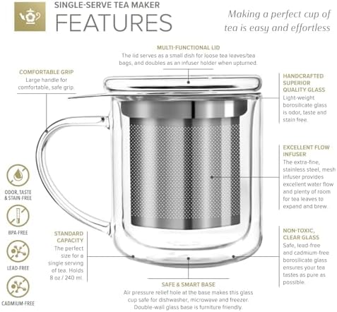 Teabloom Personal Tea Maker - Insulated Heatproof Glass Cup with Loose Tea Infuser and Lid/Coaster – Tea Connoisseur's Choice – Borosilicate Glass Infusion Mug (8 Oz) - Image 3