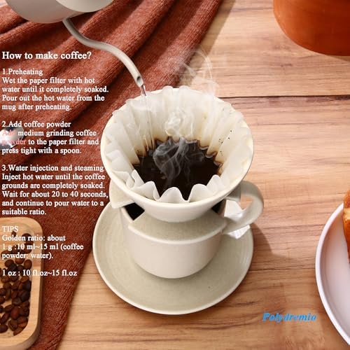 Pour Over Coffee Maker, with 50 PCS Basket Coffee Filters, 310 ml/10 oz Mug with Saucer & Coffee Dripper, Ceramic, Off-white - Image 4