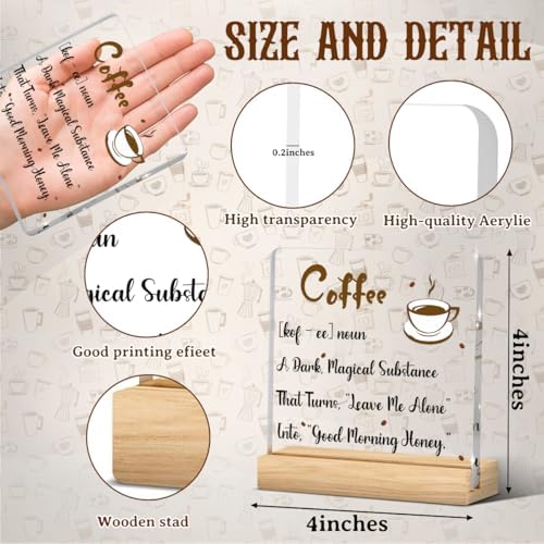 Coffee Bar Decor Sign, Coffees Nook Decoration, Cafe Station Accessories, Coffee Lover Gifts for Women Men, Funny Acrylic Gift Wood Plaque with Stand Office Farmhouse Kitchen Decor 4"x4" - Image 2
