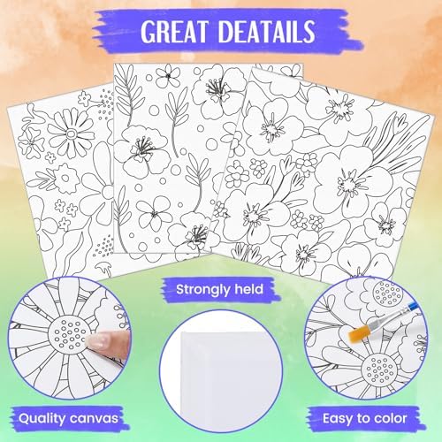 Teling 12 Pcs Pre Drawn Stretched Canvas Kit for Adults Painting Pre Printed Canvas Outline for DIY Painting Party Favor,6 x 6 x 0.6 Inches(Flower) - Image 3