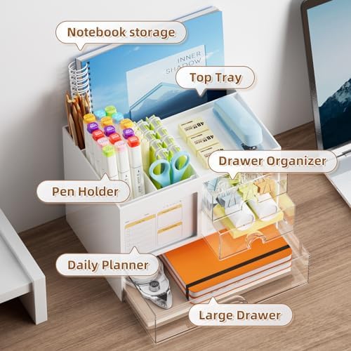 Marbrasse Desk Organizer with 3 Drawer, Multi-Functional Pencil Pen Holder for Desk, Desk Organizers and Accessories with 4 Compartments, Desktop Organizer Storage for Office Home Art Supplies (White) - Image 2
