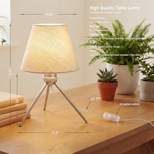 Modern Table Lamp Small Bedside Lamp Metal Linen 13.8 Inches, Soft Light (3000K), Simple Style Design, Button Switch, Suitable for Nightstand Bedroom Lamp, Study and Dormitory (Nickel) - Image 2