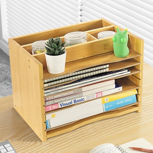 WKWKER 5-Tiers Bamboo File Organizer Paper Organizer Mail Sorter Document Letter Trays Desk Organizer with 4 Dividers for Office Home Study Desk Storage (Natural Color) - Image 7