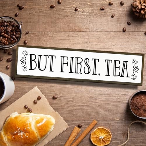 Tea Wood Sign Decor, Country Farmhouse Decoration for Home Kitchen Office, Rustic Teas Bar Decor, Wall Decors Art, Teas Lover Gift, But First Tea Sign, 17.8x4x1.2 inches - Image 4